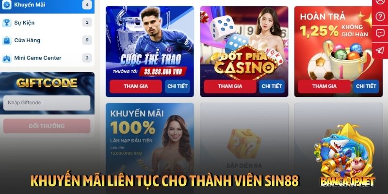 Khuyến mãi liên tục cho thành viên Sin88