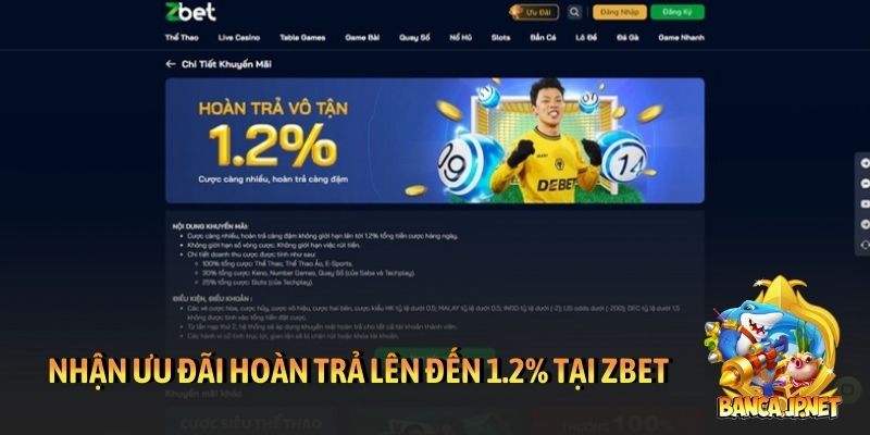 Nhận khuyến mãi hoàn trả lên đến 1.2% tại Zbet