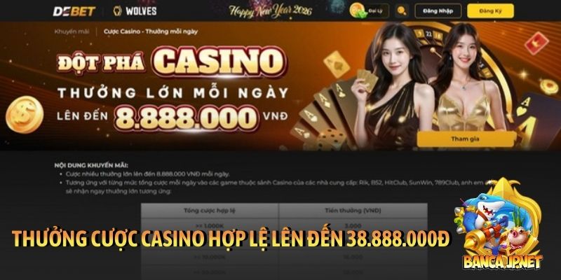 Thưởng cược casino hợp lệ lên đến 38.888.000đ